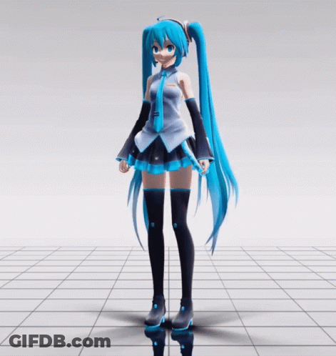 A Girl With Long Blue Hair Is Dancing On A Grid Floor GIF