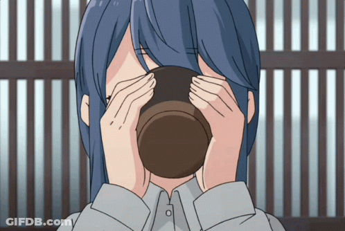A Girl With Long Blue Hair Is Drinking From A Cup GIF