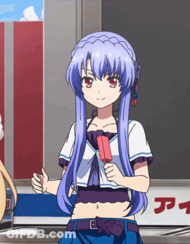 A Girl With Long Blue Hair Is Holding A Popsicle In Front Of A Sign That Says ' A ' On It GIF