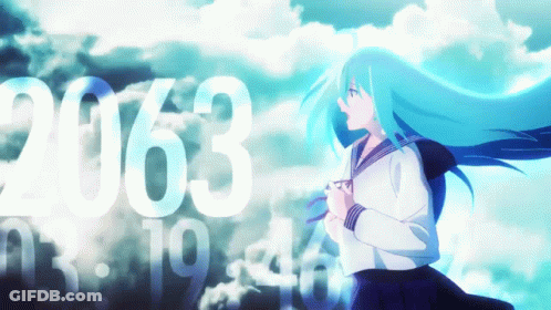 A Girl With Long Blue Hair Is Standing In Front Of A Cloudy Sky And The Number 2063 GIF
