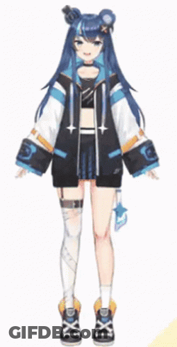 A Girl With Long Blue Hair Is Wearing A Black And White Jacket And Knee High Socks GIF