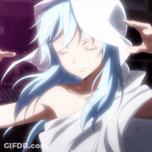 A Girl With Long Blue Hair Is Wearing A White Cloth GIF