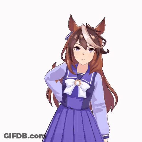 A Girl With Long Brown Hair And A Horse 'S Ears Is Wearing A Purple Dress . GIF