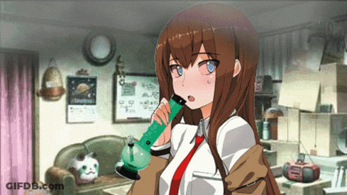 A Girl With Long Brown Hair Is Holding A Bong In Her Hand GIF