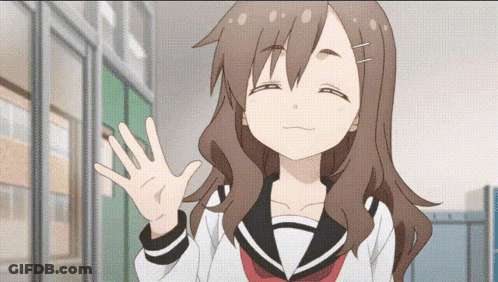 A Girl With Long Brown Hair Is Waving Her Hand In A Hallway GIF