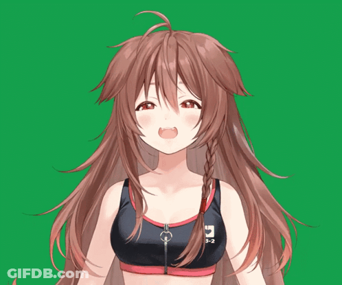 A Girl With Long Brown Hair Is Wearing A Black Sports Bra With The Letter I On It GIF