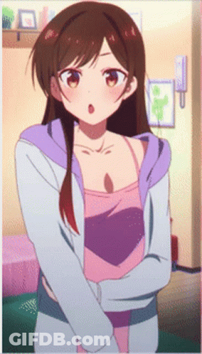 A Girl With Long Brown Hair Is Wearing A Purple Hoodie And A Pink Tank Top GIF