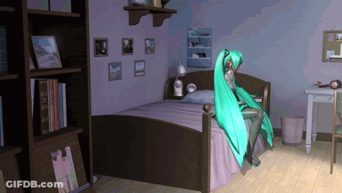 A Girl With Long Green Hair Is Sitting On A Bed In A Bedroom GIF