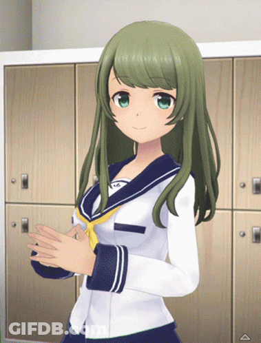 A Girl With Long Green Hair Is Standing In Front Of A Row Of Wooden Lockers GIF