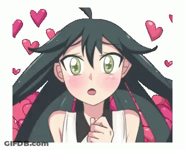A Girl With Long Hair And Green Eyes Is Surrounded By Hearts . GIF