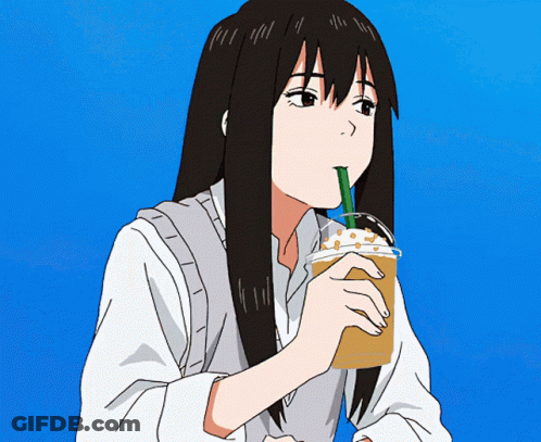 A Girl With Long Hair Is Drinking Through A Straw GIF