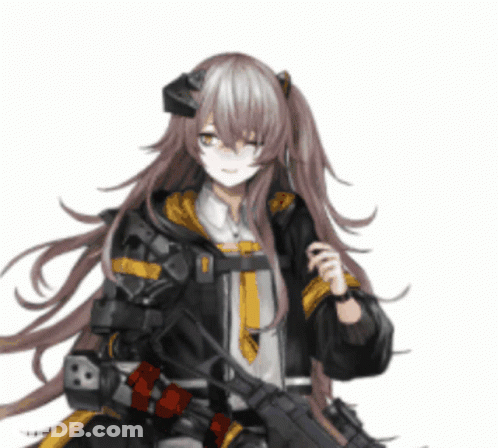 A Girl With Long Hair Is Holding A Gun And Smiling GIF