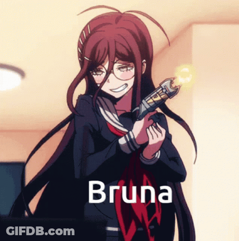 A Girl With Long Hair Is Holding A Gun And The Name Bruna Is On The Bottom GIF