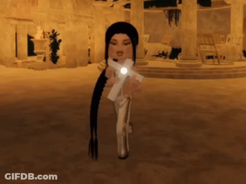 A Girl With Long Hair Is Holding A Gun In A Video Game While Walking . GIF