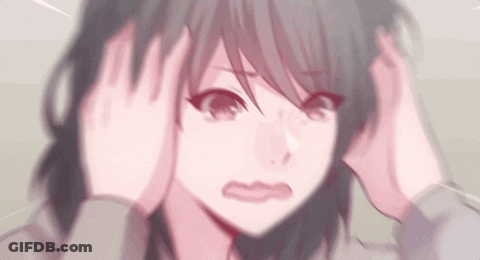 A Girl With Long Hair Is Holding Her Head With Her Hands . GIF