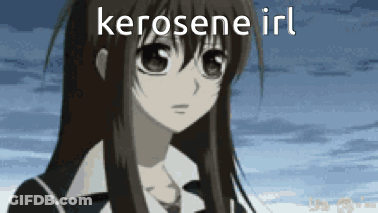 A Girl With Long Hair Is Standing In Front Of A Cloudy Sky With The Words Kerosene Irl Written Above Her . GIF