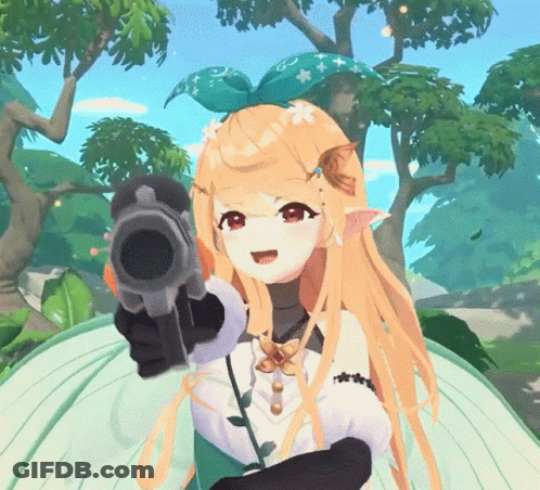 A Girl With Long Orange Hair Is Pointing A Gun GIF