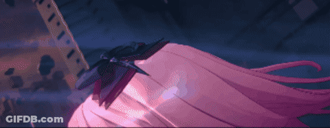 A Girl With Long Pink Hair And A Blue Bow On Her Head GIF