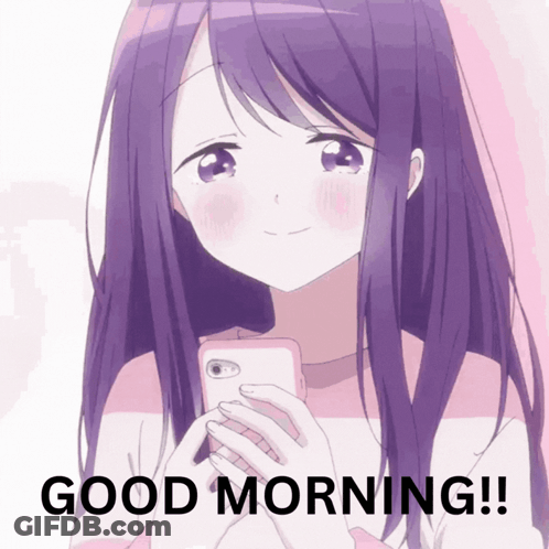 A Girl With Long Purple Hair Is Holding A Cell Phone And The Words Good Morning Are Below Her GIF