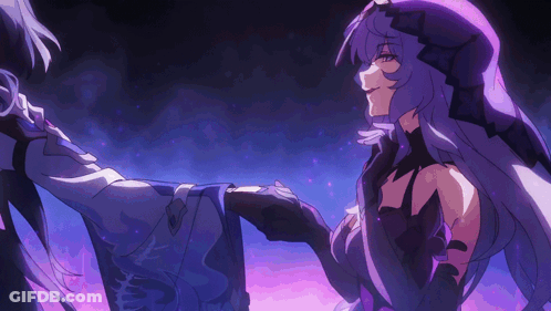 A Girl With Long Purple Hair Is Holding Another Girl 'S Hand In A Dark Room GIF