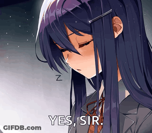 A Girl With Long Purple Hair Is Sleeping With The Words Yes Sir Written Below Her GIF