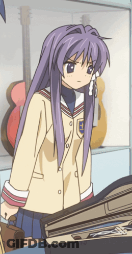 A Girl With Long Purple Hair Is Standing In Front Of A Guitar Case GIF