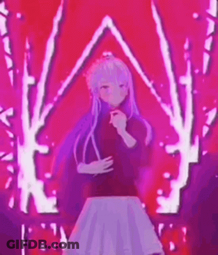 A Girl With Long Purple Hair Is Standing In Front Of A Red Background With Trees In The Background . GIF