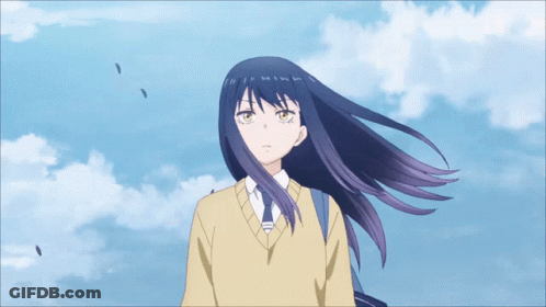 A Girl With Long Purple Hair Is Wearing A Yellow Sweater And Tie GIF