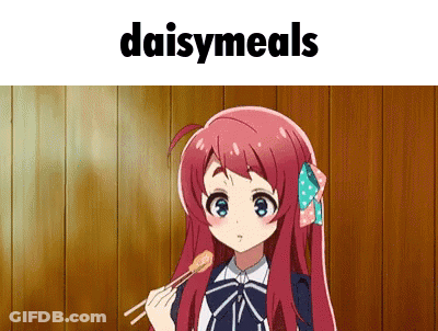 A Girl With Long Red Hair Is Eating Something With Chopsticks And The Words Daisymeals Are Above Her GIF