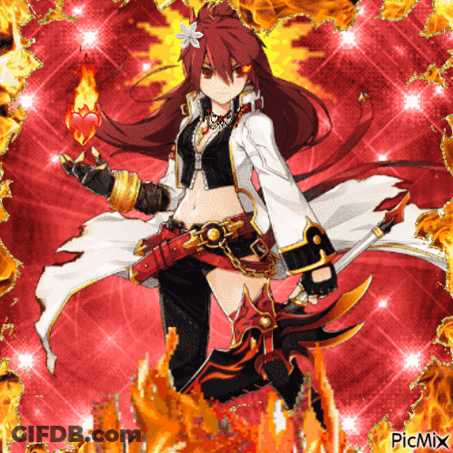 A Girl With Long Red Hair Is Holding A Heart And A Sword In Front Of A Fire Background GIF