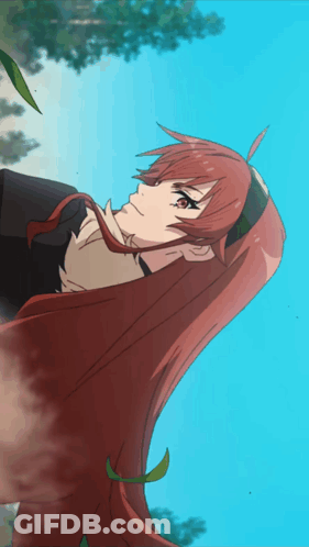 A Girl With Long Red Hair Is Looking Up Into The Sky GIF