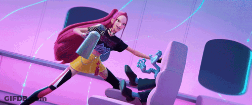 A Girl With Long Red Hair Is Standing Next To A Man In A Chair Holding A Bottle Of Water .. GIF