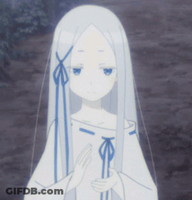 A Girl With Long White Hair And Blue Eyes Is Holding Her Hands Together GIF