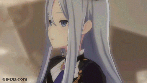 A Girl With Long White Hair And Blue Eyes Is Wearing A Black Suit . GIF