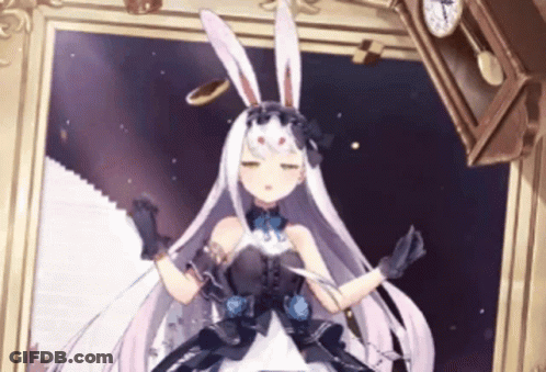 A Girl With Long White Hair And Bunny Ears Is Standing In Front Of A Clock GIF