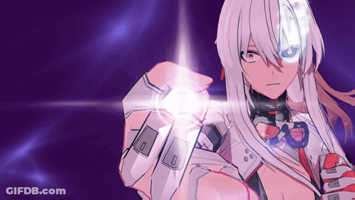 A Girl With Long White Hair And Red Eyes Is Holding A Light In Her Hand GIF