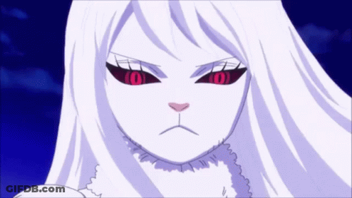 A Girl With Long White Hair And Red Eyes Is Looking At The Camera . GIF