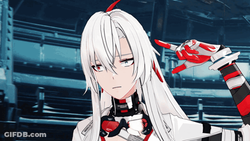 A Girl With Long White Hair And Red Gloves Has The Letter D On Her Sleeve GIF