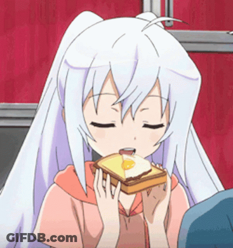 A Girl With Long White Hair Is Eating A Piece Of Toast GIF