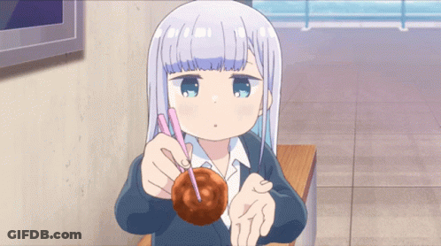 A Girl With Long White Hair Is Holding A Piece Of Food In Her Hand With Chopsticks GIF