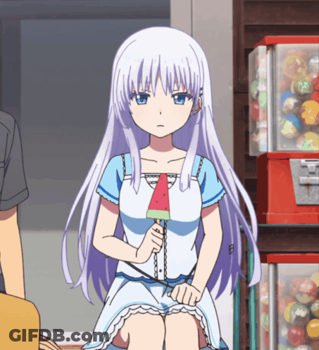 A Girl With Long White Hair Is Holding A Watermelon Slice In Her Hand GIF