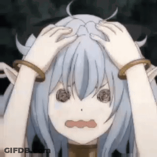 A Girl With Long White Hair Is Holding Her Head In Her Hands . GIF