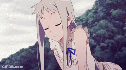 A Girl With Long White Hair Is Laying Down With Her Eyes Closed And A Blue Bow Around Her Neck . GIF