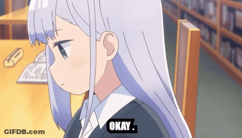 A Girl With Long White Hair Is Sitting At A Table With Okay Written On The Bottom GIF