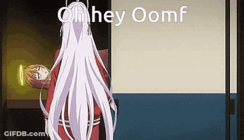 A Girl With Long White Hair Is Standing In A Doorway With The Words Oh Hey Oomf Written On It . GIF