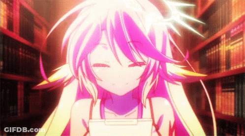 A Girl With Long White Hair Is Standing In Front Of A Bookshelf . GIF