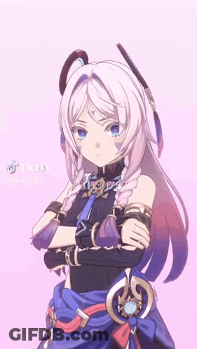 A Girl With Long White Hair Is Standing With Her Arms Crossed . GIF