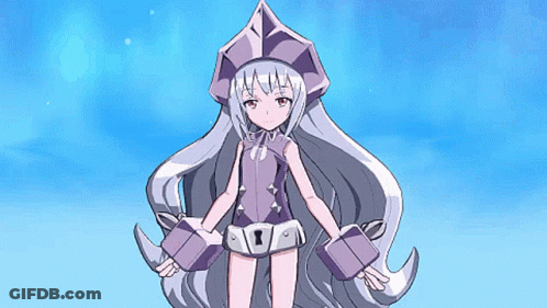 A Girl With Long White Hair Is Wearing A Purple Costume GIF