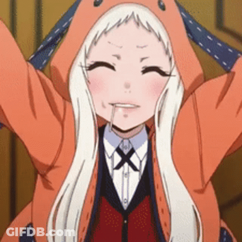 A Girl With Long White Hair Is Wearing An Orange Hoodie And A Suit . GIF