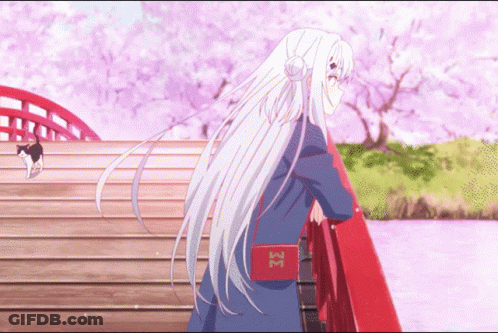 A Girl With Long White Hair Stands On A Bridge With Cherry Blossom Trees In The Background GIF